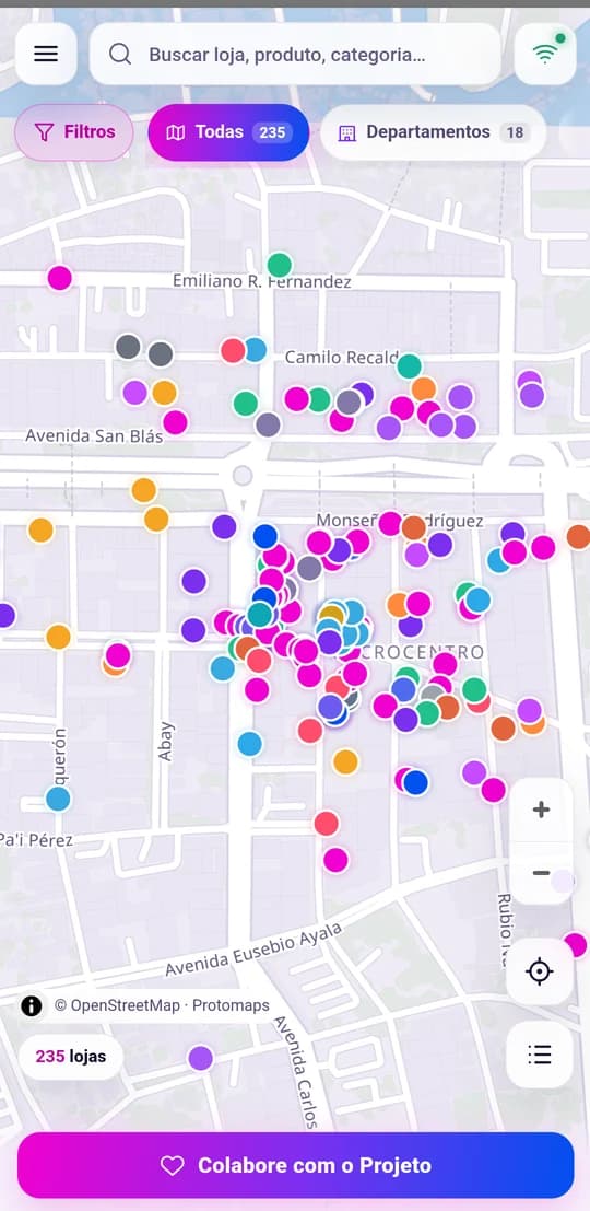 Mapa do app aproximado no Microcentro, com alfinetes individuais e os logos das lojas