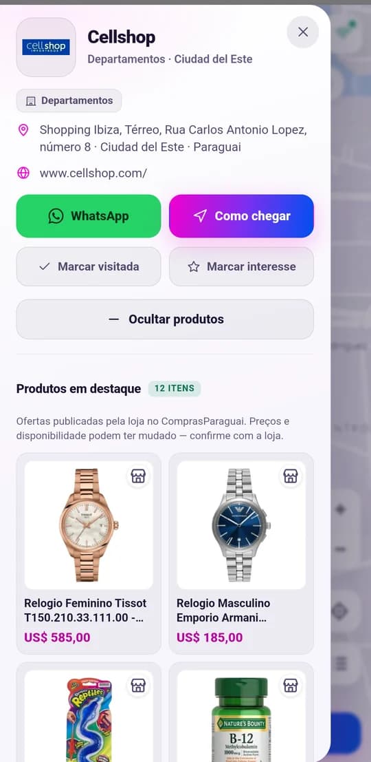 Ficha da loja Cellshop aberta no app, com produtos e preços em dólar