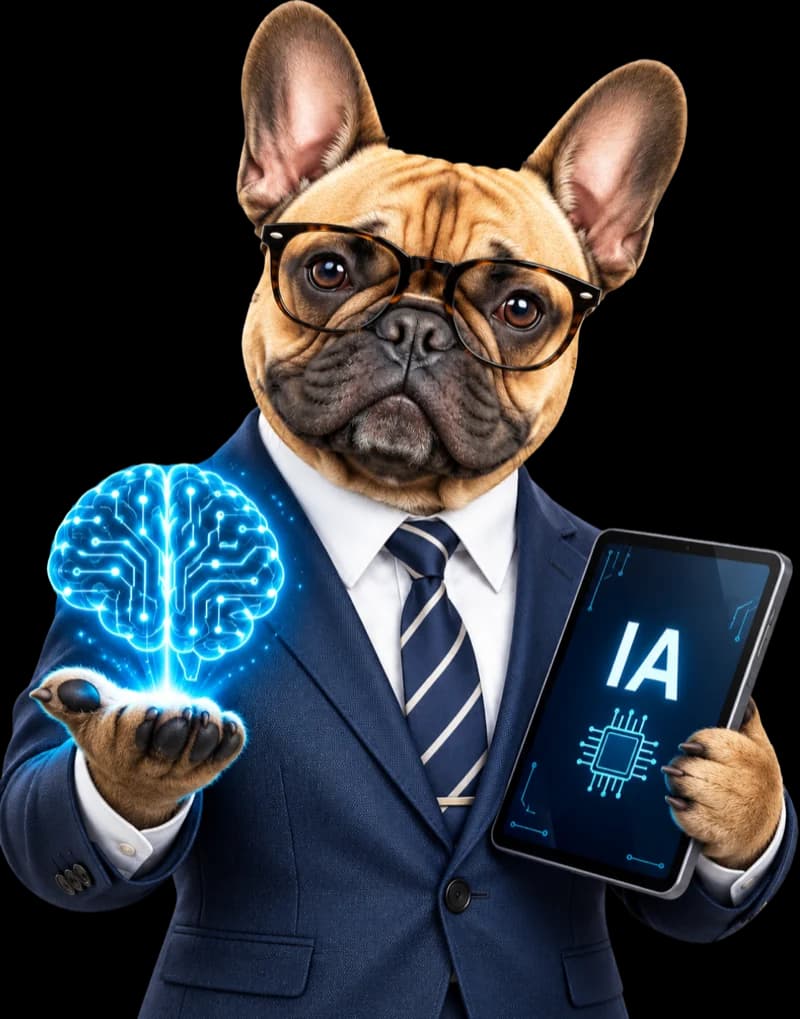 Mascote do Meu CDN com um cérebro de IA na mão e um tablet